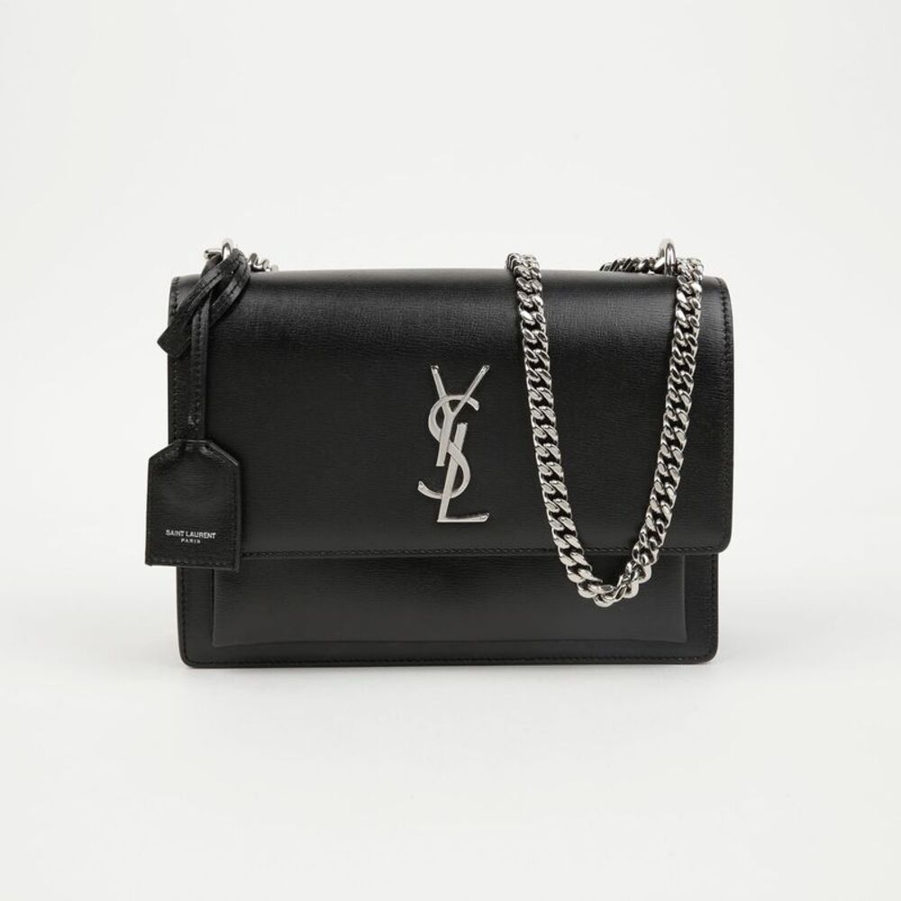 Sunset Medium Smooth Leather Chain Crossbody Bag Black Silver